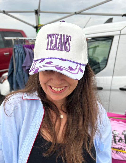 Texans Embroidered Baseball Cap – Purple & White Polka Dot Brim | Adjustable | Exclusive Heather & Annie Art Boutique Hat