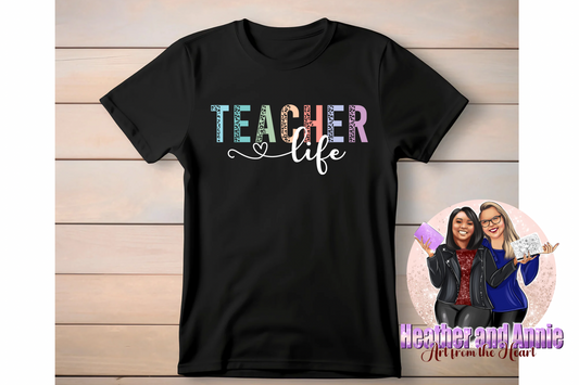 Colorful Teacher Life T-Shirt – Leopard Print Pastel Letters, Cute Gift for Educators