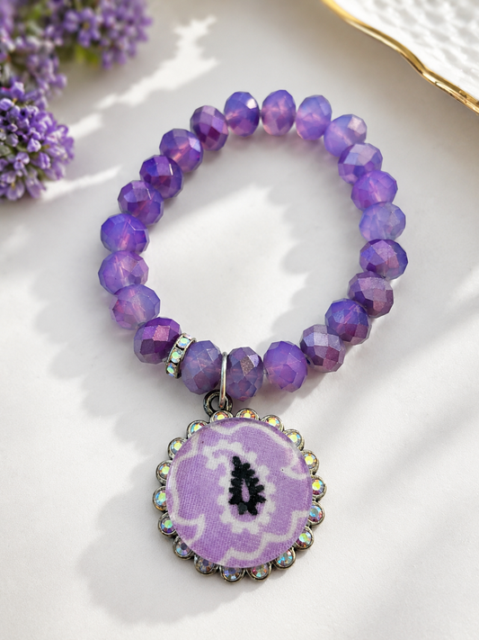 Purple Stretch Beaded Charm Bracelet | Faceted Glass Beads | Boutique Stackable Bracelet | Western Boho Jewelry