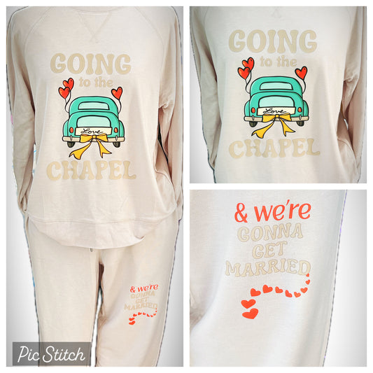 Cozy bridal lounge set featuring “Going to the Chapel & We’re Gonna Get Married.” Perfect for brides, engagements, bridal showers, and wedding countdown moments.