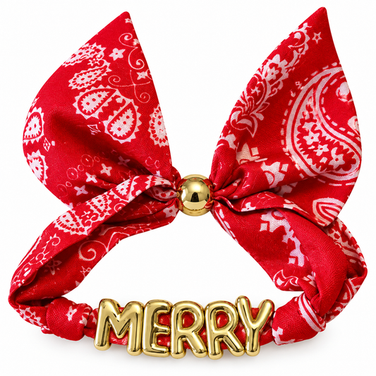 Red paisley bandana bow stretch bracelet with gold MERRY bubble letters and gold bead