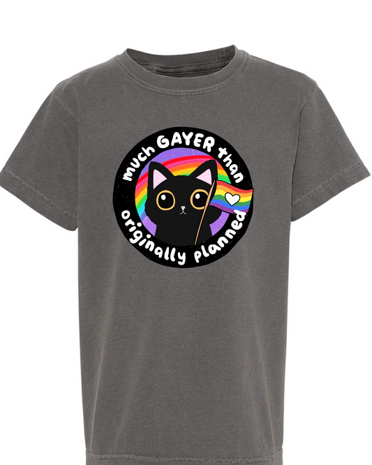 Much Gayer Than Originally Planned T-Shirt | Funny Pride Cat Shirt | LGBTQ+ Humor Tee