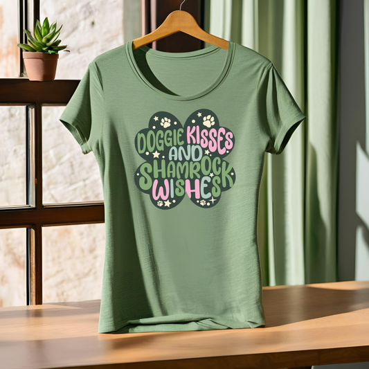 🍀 Doggie Kisses and Shamrock Wishes Shirt | St. Patrick’s Day Dog Mom Tee | Cute Shamrock Paw Print Graphic T-Shirt