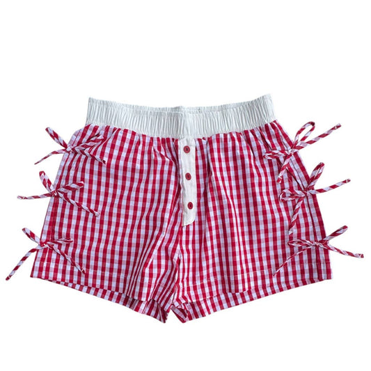 Button Bow Red Gingham Shorts | Women’s Elastic Waist Boxer Shorts |Boutique Style