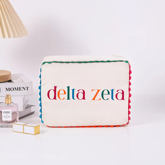 ***Preorder*** Licensed & Approved Delta Zeta® Cosmetic Bag | Embroidered Canvas Makeup Bag | Sorority Travel Pouch | Heather and Annie Art