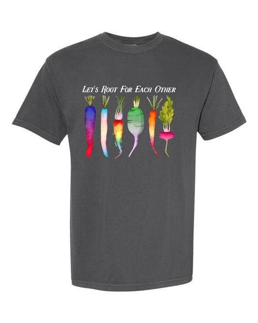 Let’s Root for Each Other T-Shirt | Colorful Garden Veggie Graphic Tee | Positive Farm Market Shirt