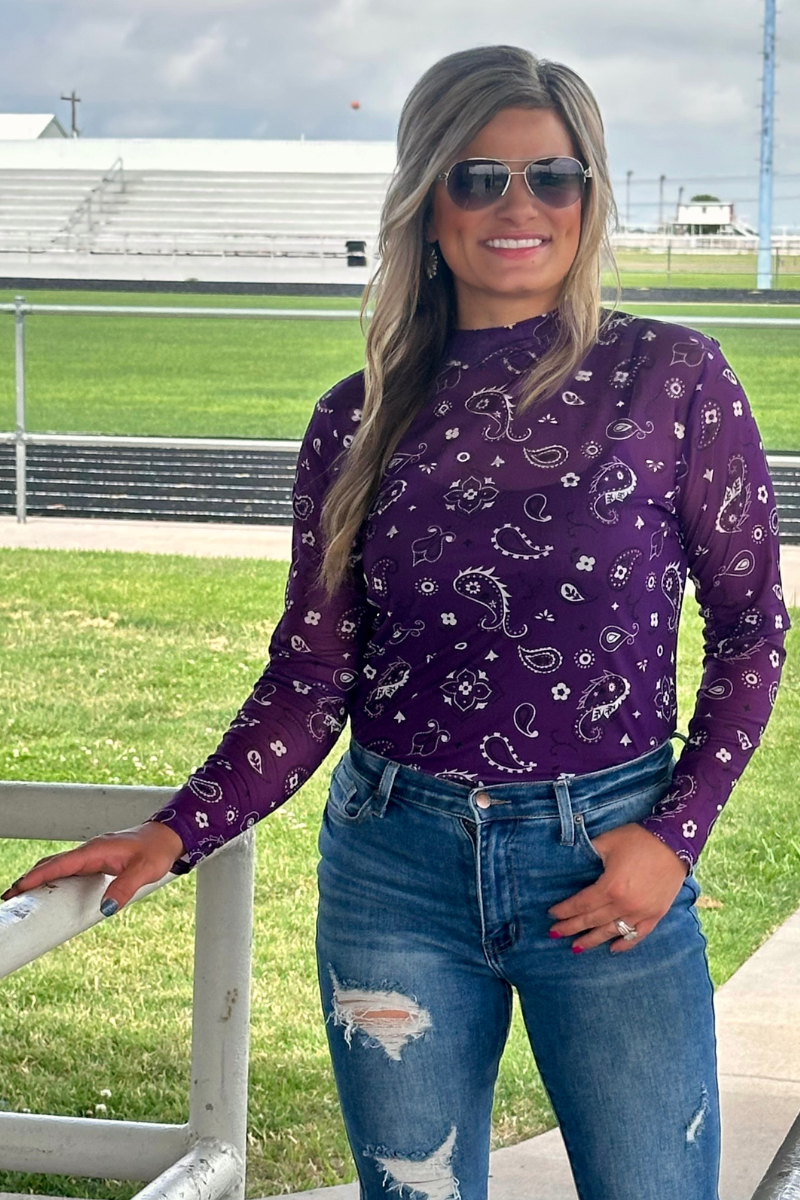 Purple Western Paisley Mesh Top | Boutique Cowgirl Outfit | Sheer Long Sleeve Western Shirt | Rodeo Style Top for Women