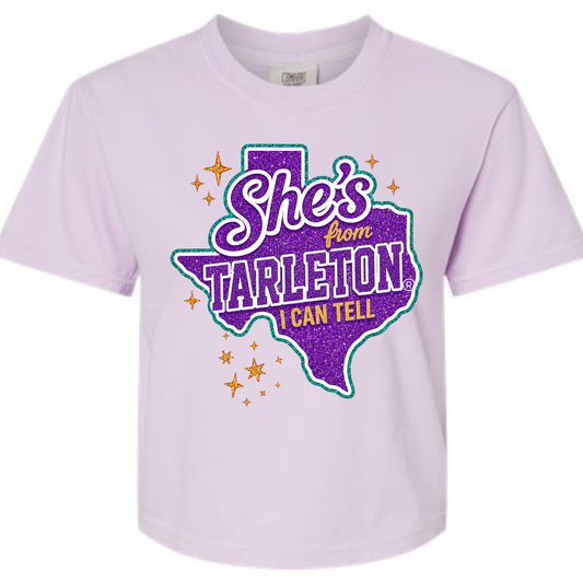 Comfort Colors® Boxy Tee – “She’s From Tarleton I Can Tell” Graphic T-Shirt | Orchid, Pepper & Chalky Mint