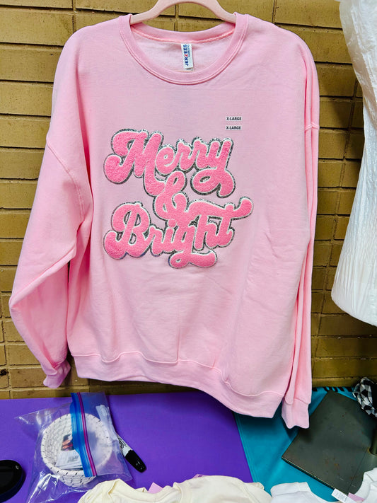 Pink Merry & Bright Glitter Sweatshirt – Holiday Sparkle Christmas Crewneck