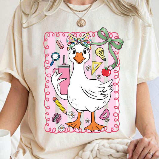Cute Back to School Duck T-Shirt – Funny Teacher Tee with School Supplies