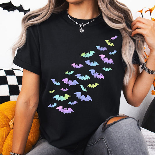 Rainbow Bats Graphic Tee – Colorful Halloween T-Shirt