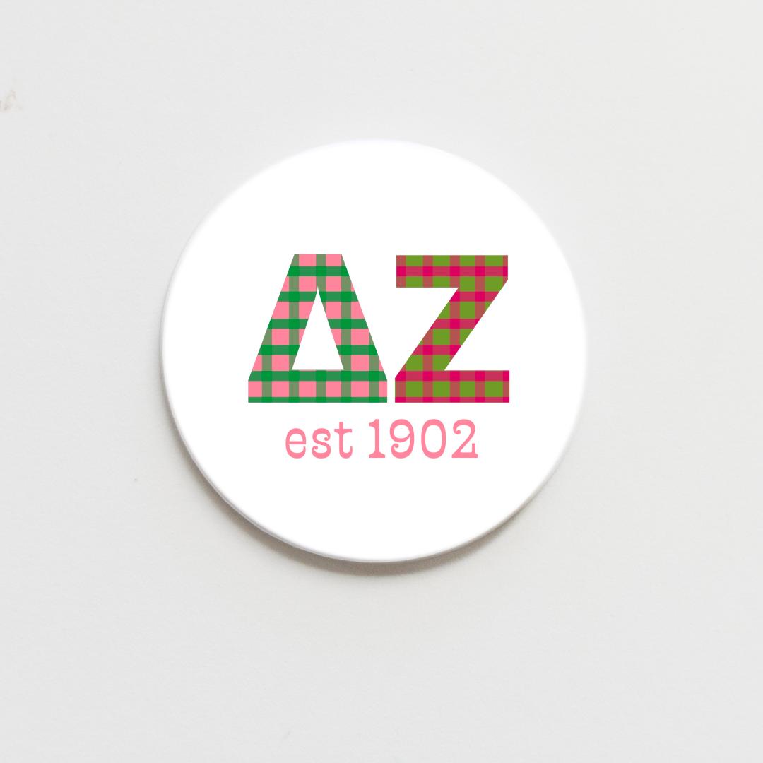 Licensed Delta Zeta 2.25" Plaid Button Pin | Est. 1902 Sorority Button