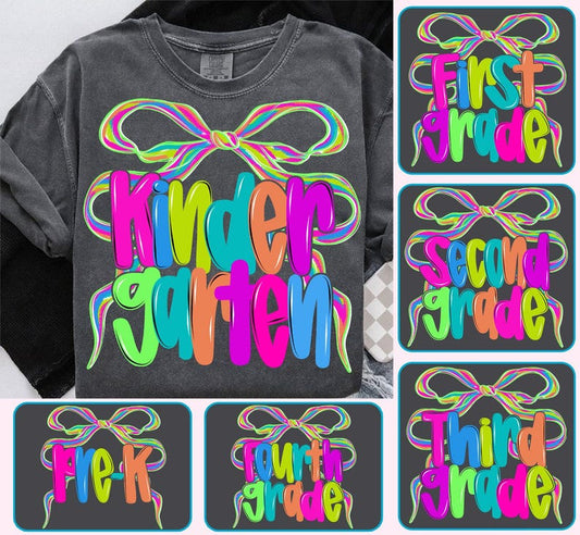 Rainbow Grade Level Shirt – Pre-K to 4th Grade Neon Bow Tee | Back to School Teacher or Student Shirt