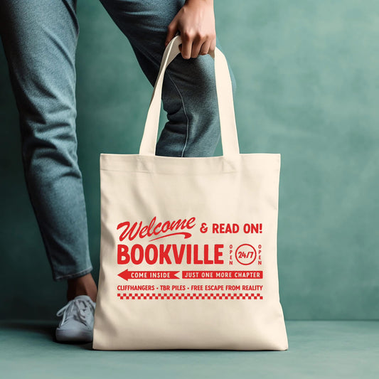 Bookville Canvas Tote Bag | Welcome & Read On Book Lover Bag | Literary Gift for Readers, Teachers & Librarians