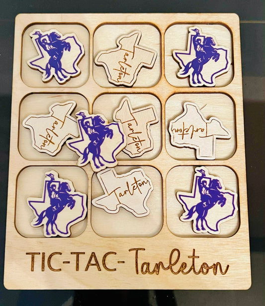 Tarleton Wooden Tic-Tac-Toe Game • Licensed TSU Gift • 5x6 Wood Board • Texans Cowboy & Texas Shape Game Pieces • Handmade Game • Tarleton Decor Gift
