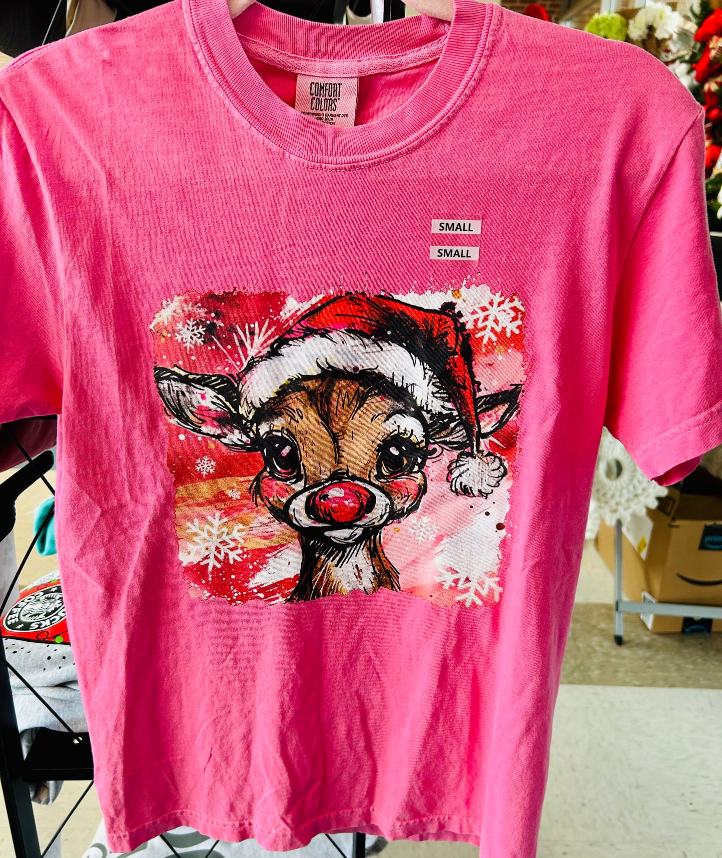 Christmas Reindeer T-Shirt | Pink Holiday Graphic Tee | Comfort Colors Christmas Shirt