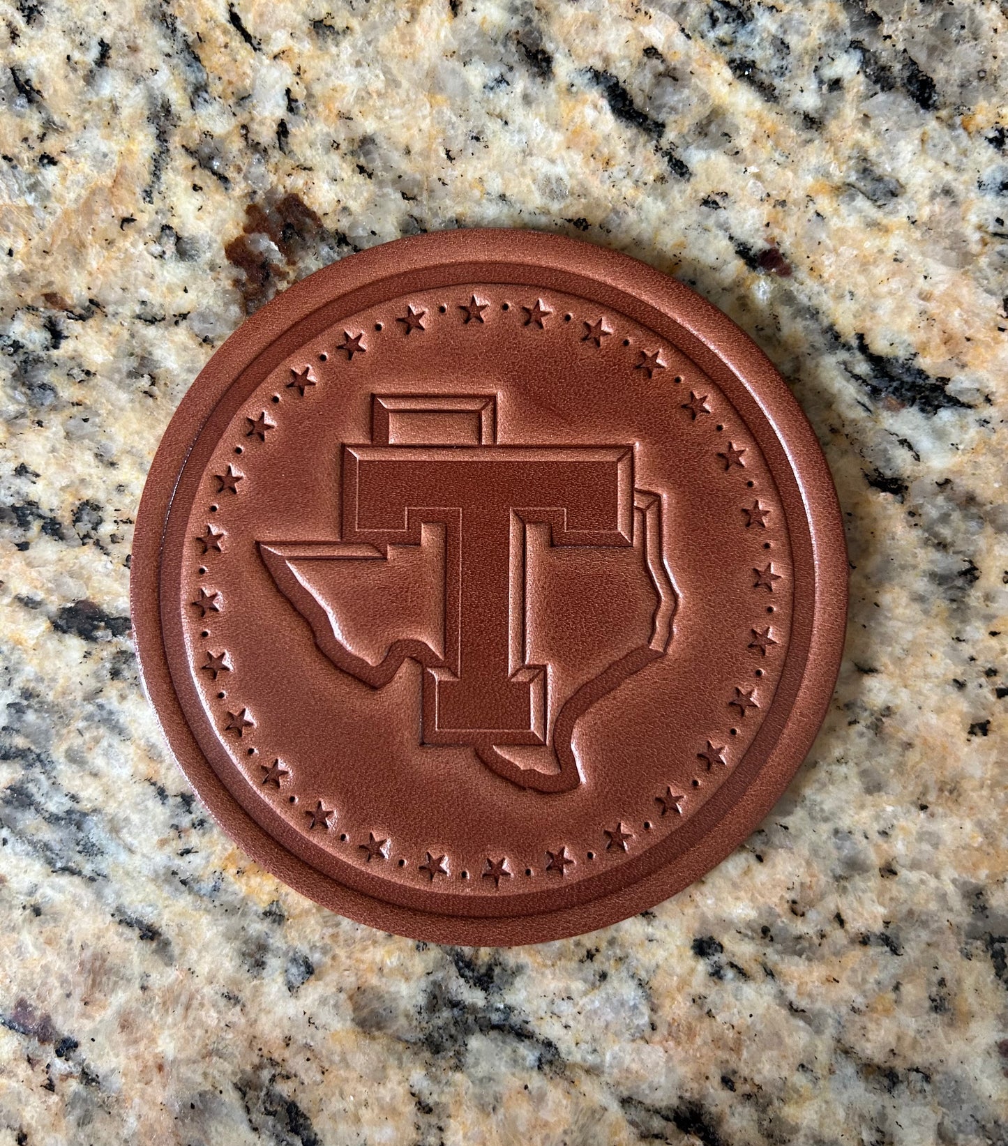 Tarleton Leather Coaster – 4” Round Stamped Genuine Leather | Licensed Tarleton Coaster | Texans Drink Coaster
