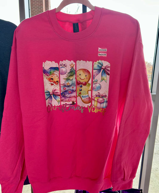 Christmas Vibes Pink Crewneck Sweatshirt – Festive Holiday Graphic Pullover