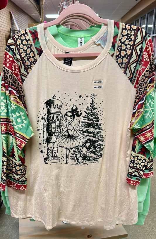 Nutcracker Ballerina Christmas Raglan – Vintage Sketch Tee with Festive Pattern Sleeves