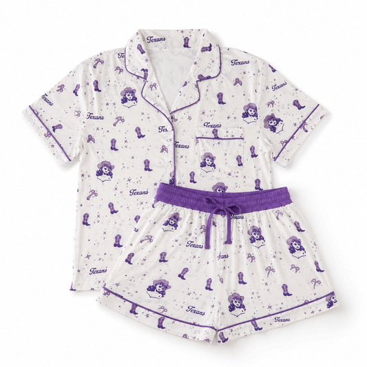 Texans Cowgirl Pajama Set | Purple Bamboo Short Sleeve PJs | Women's Western Sleepwear with Boots, Bows & Stars.