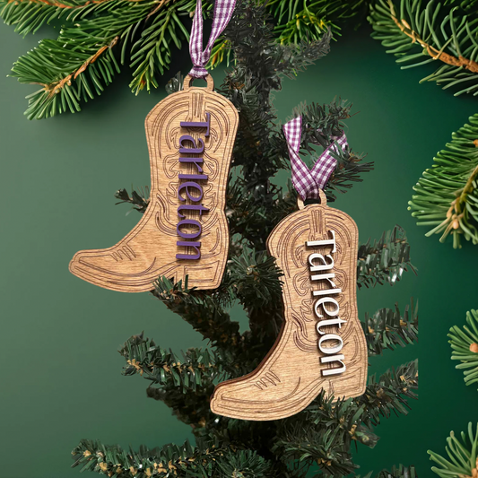 Tarleton Wooden Boot Ornament – 4” Laser-Cut Western Christmas Ornament with Purple Accent and Gingham Ribbon