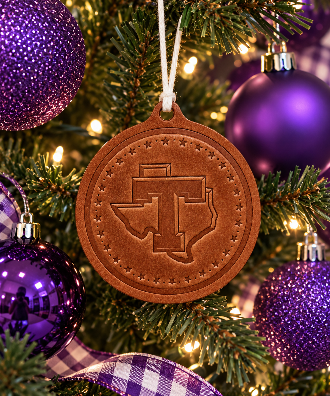 Tarleton Leather Ornament – 4” Stamped Genuine Leather | Licensed & Approved Tarleton Decor | Texans Christmas Ornament