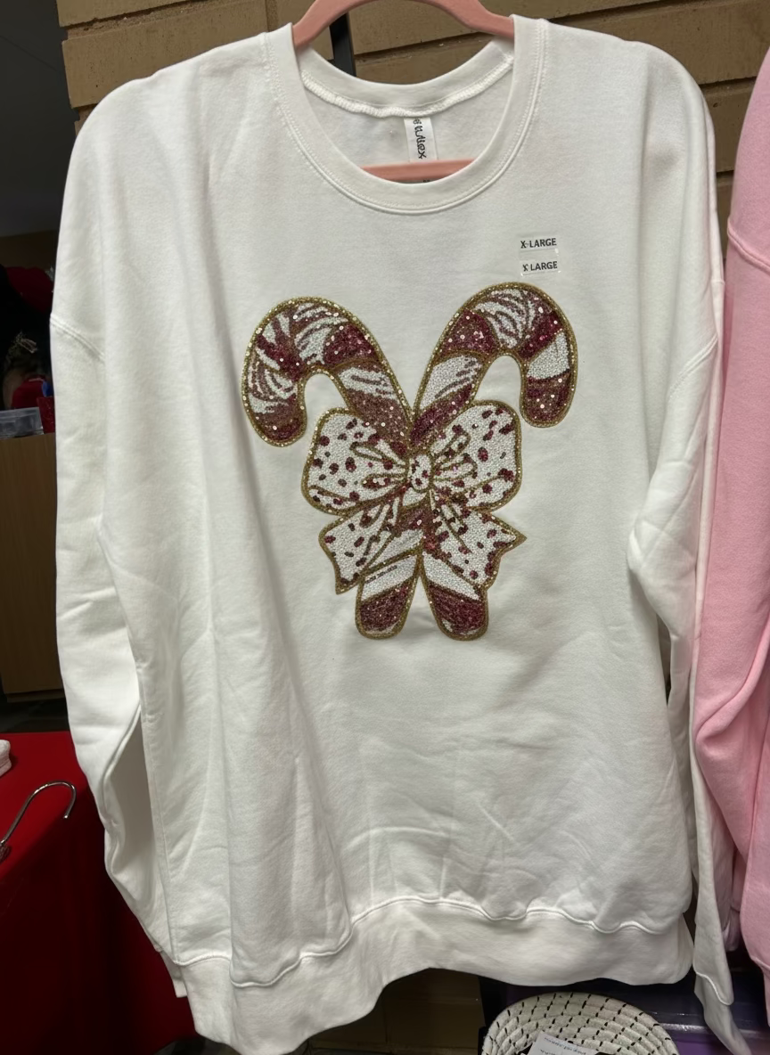 Glitter Candy Cane Bow Christmas Sweatshirt – White Holiday Crewneck