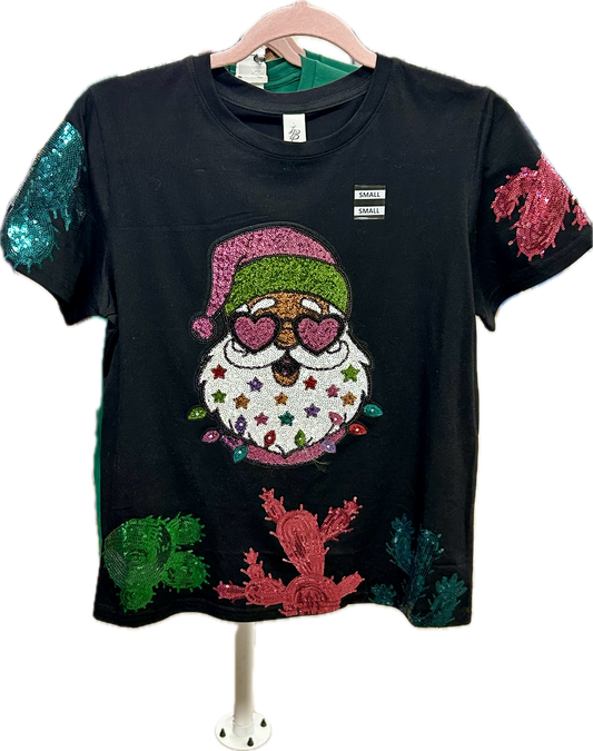 Fiesta Santa Sequin T-Shirt – Black Holiday Tee with Colorful Cactus Sequins