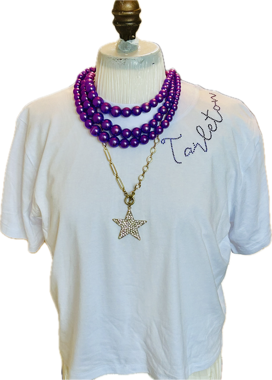 Tarleton Script Rhinestone Shoulder Tee – White Cropped Spirit Shirt | Licensed Tarleton Apparel