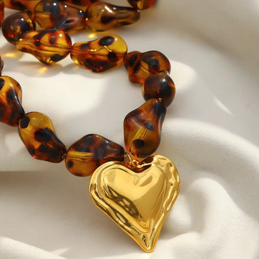 Tortoiseshell Beaded 18” Necklace with Gold Heart Pendant