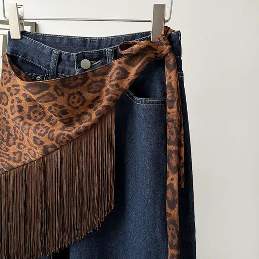 Leopard Print Fringe Scarf | Faux Suede Western Hip Scarf, Bandeau Top & Neck Wrap | Cowgirl Boutique Accessory