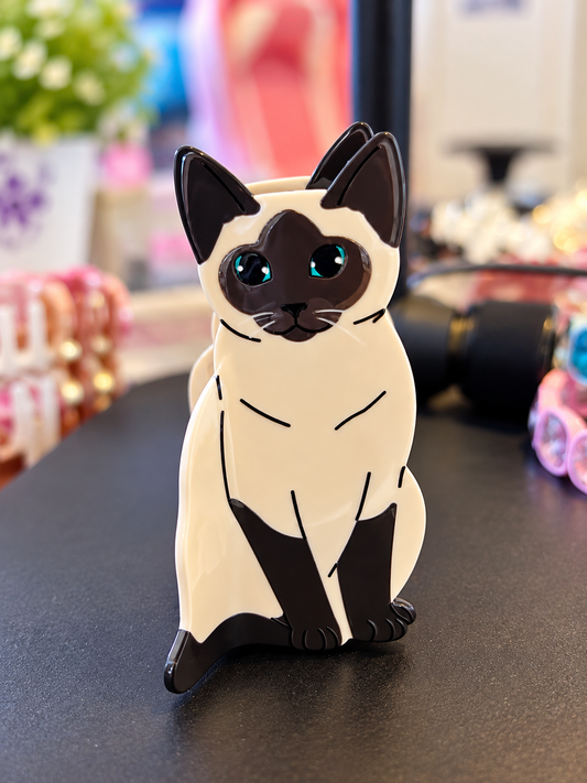 Siamese cat claw clip with dark points and blue-green eyes, cute cat hair clip