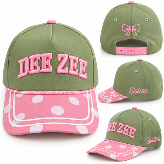 Delta Zeta Dee Zee sage green hat with pink embroidery and pink polka-dot bill