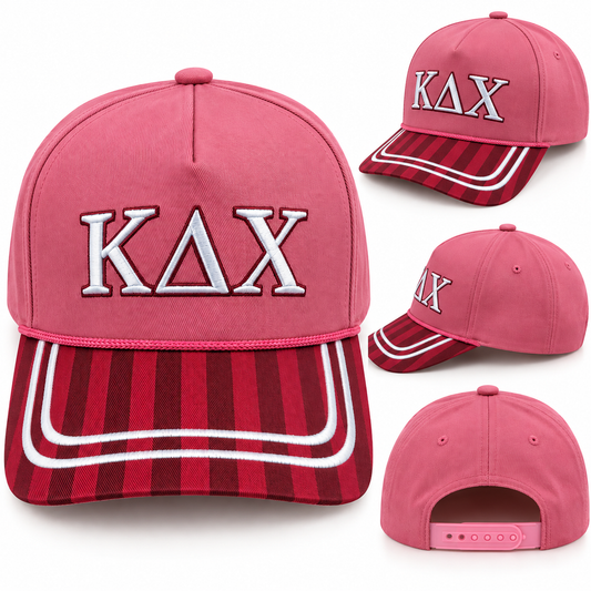 Kappa Delta Chi KΔX pink hat with white Greek letter embroidery and red striped bill
