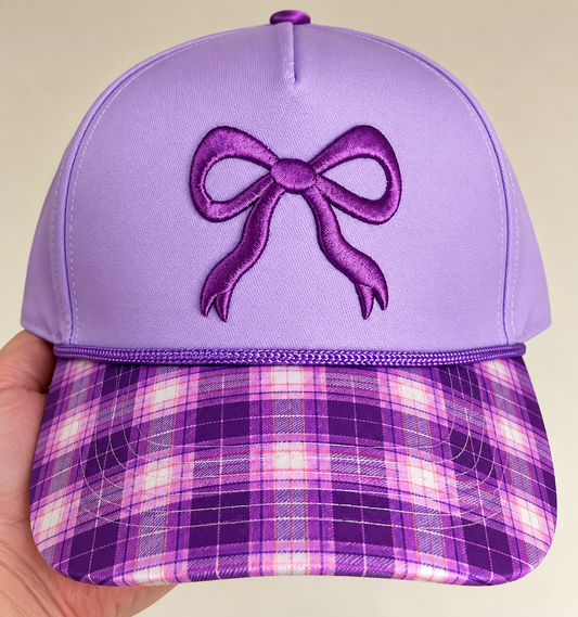 Tarleton Bow Embroidered Baseball Cap – Purple Plaid Brim | Adjustable | Exclusive Heather & Annie Art Boutique Hat