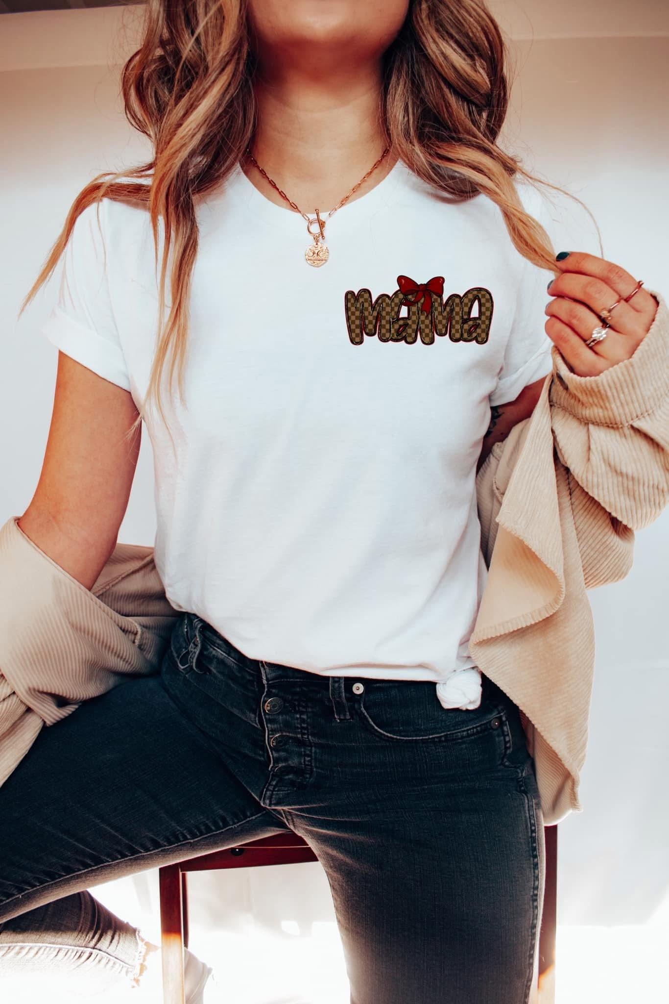 Mama brown checkered pocket T-shirt