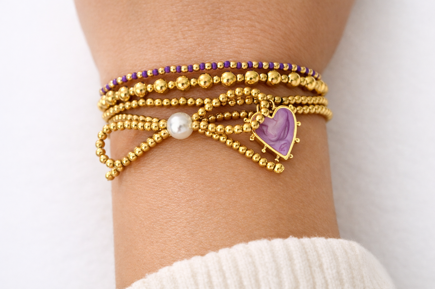 18K Gold Plated Bangle Set – 4 Piece Gold Stack Bracelet Set with Pearl & Purple Heart Charm – Stainless Steel, Hypoallergenic