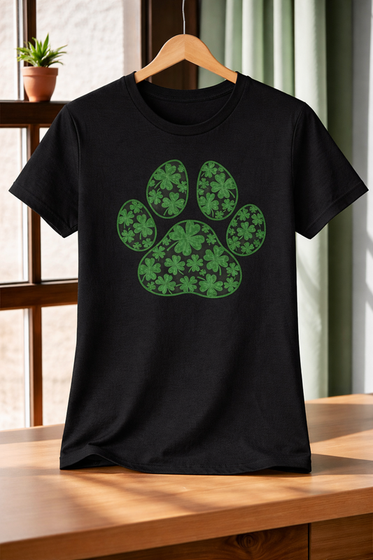 🍀 Shamrock Paw Print Shirt | St. Patrick’s Day Dog Mom Tee | Black Clover Paw Graphic T-Shirt