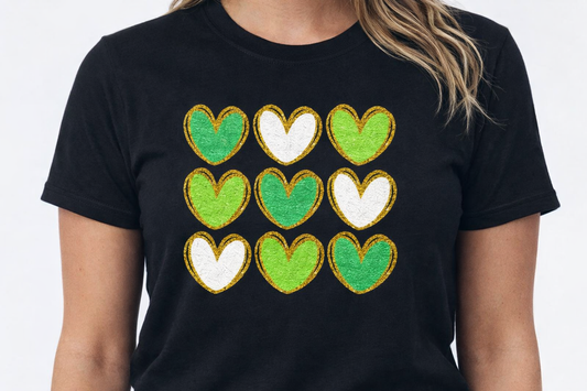 Green & White Heart Grid Shirt | Gold Outline Graphic Tee | St. Patrick’s Day Black T-Shirt | Cute Lucky Heart Top for Women