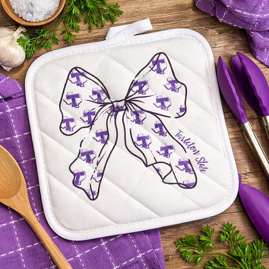 Licensed Tarleton State Bow Pot Holder | 7.75” Quilted Hot Pad | Official Texan Kitchen Gift