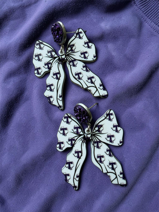 Tarleton Bow Dangle Earrings – Purple Glitter Stud Bow Earrings | Game Day Jewelry | Tarleton Spirit Accessories