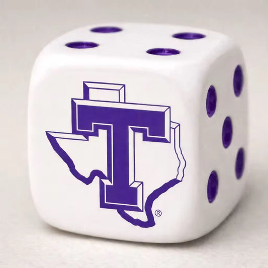 Tarleton Dice Set – 22mm Oversized Dice (Set of 2) | Purple Dot Game Dice with Tarleton Logo | College Game Night Accessory