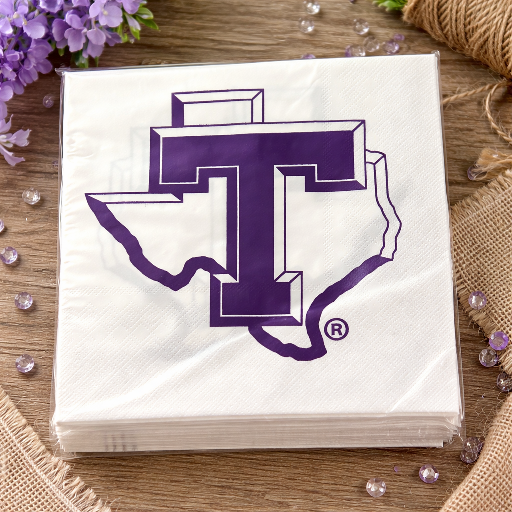 Tarleton Texans Paper Napkins – 20 Pack | Licensed Purple T Party Supplies | 2-Ply 6.5” x 6.5”