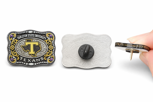 Tarleton State University Texans Western Belt Buckle Style Pin | Licensed & Approved Tarleton Jewelry | Purple & Gold Enamel Lapel Pin