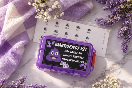 Purple Emergency Kit Travel Pill Organizer – “Headache Fix, Tummy Trouble, Hangover Helper” Purple Case