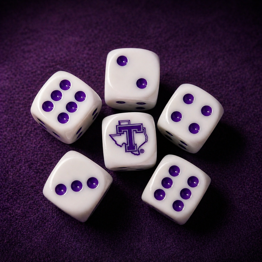 Tarleton Dice Set – 22mm Oversized Dice (Set of 2) | Purple Dot Game Dice with Tarleton Logo | College Game Night Accessory