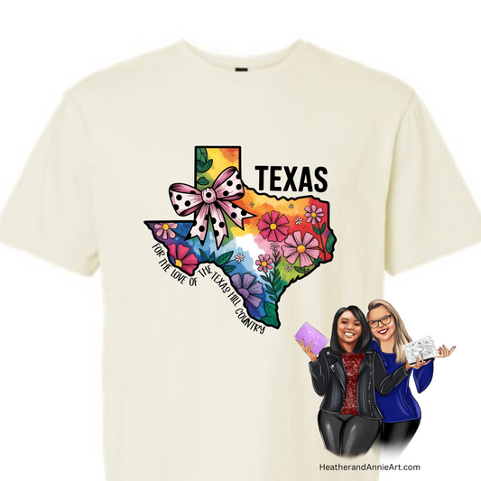 Texas Hill Country Floral T-Shirt – Colorful Texas Map with Bow & Wildflowers, For the Love of Texas Hill Country Tee