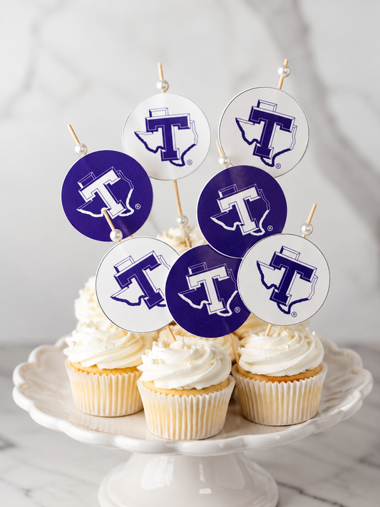 Tarleton State Cupcake Toppers – Licensed & Approved – 12 Pack – Double-Sided Purple & White Party Picks
