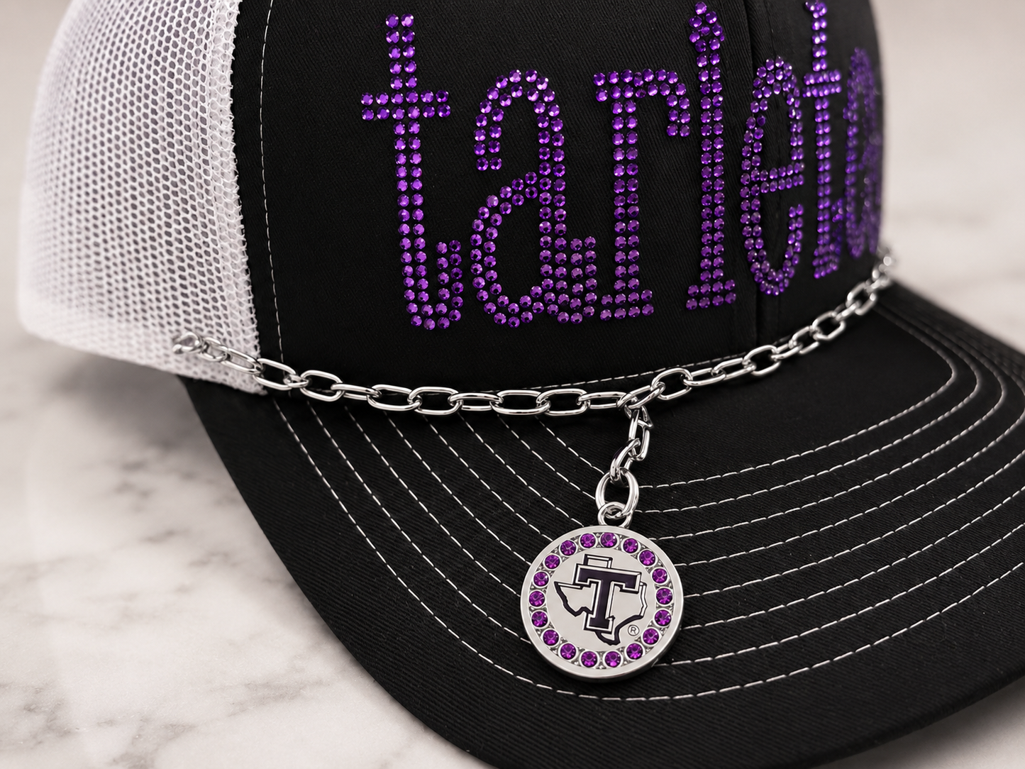 Tarleton Rhinestone Charm – 7/8” Zinc Alloy Texas Tarleton Logo Charm with Purple Rhinestones | Licensed Tarleton Jewelry Charm