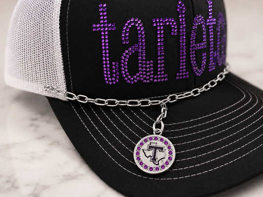 Tarleton Rhinestone Charm – 7/8” Zinc Alloy Texas Tarleton Logo Charm with Purple Rhinestones | Licensed Tarleton Jewelry Charm